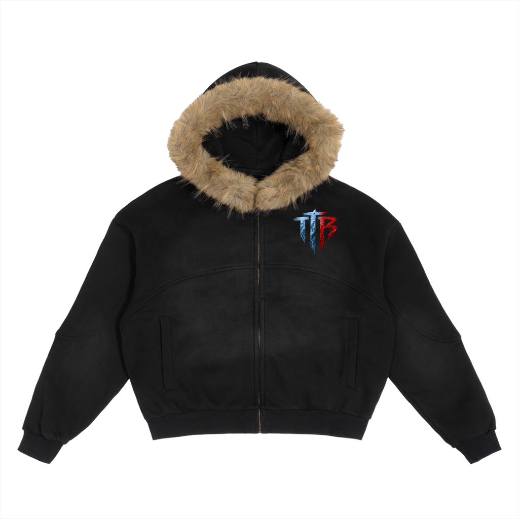TTB faded Boxy Detachable Fur Hoodie